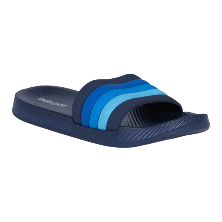 Oil And Gaz lightweight infant boys' navy beach slides with blue striped straps, cushioned footbed, and textured non-slip sole, ideal for beach, pool, and everyday summer wear.