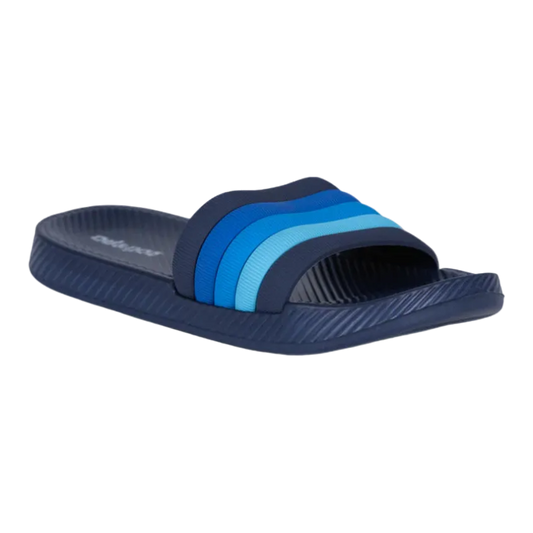 Oil And Gaz lightweight infant boys' navy beach slides with blue striped straps, cushioned footbed, and textured non-slip sole, ideal for beach, pool, and everyday summer wear.