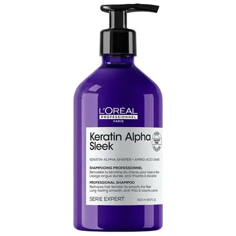 L'Oréal Professionnel Serie Expert Keratin Alpha Sleek Shampoo 500ml purple bottle for frizzy and unruly hair with Keratin Alpha smoothing formula.