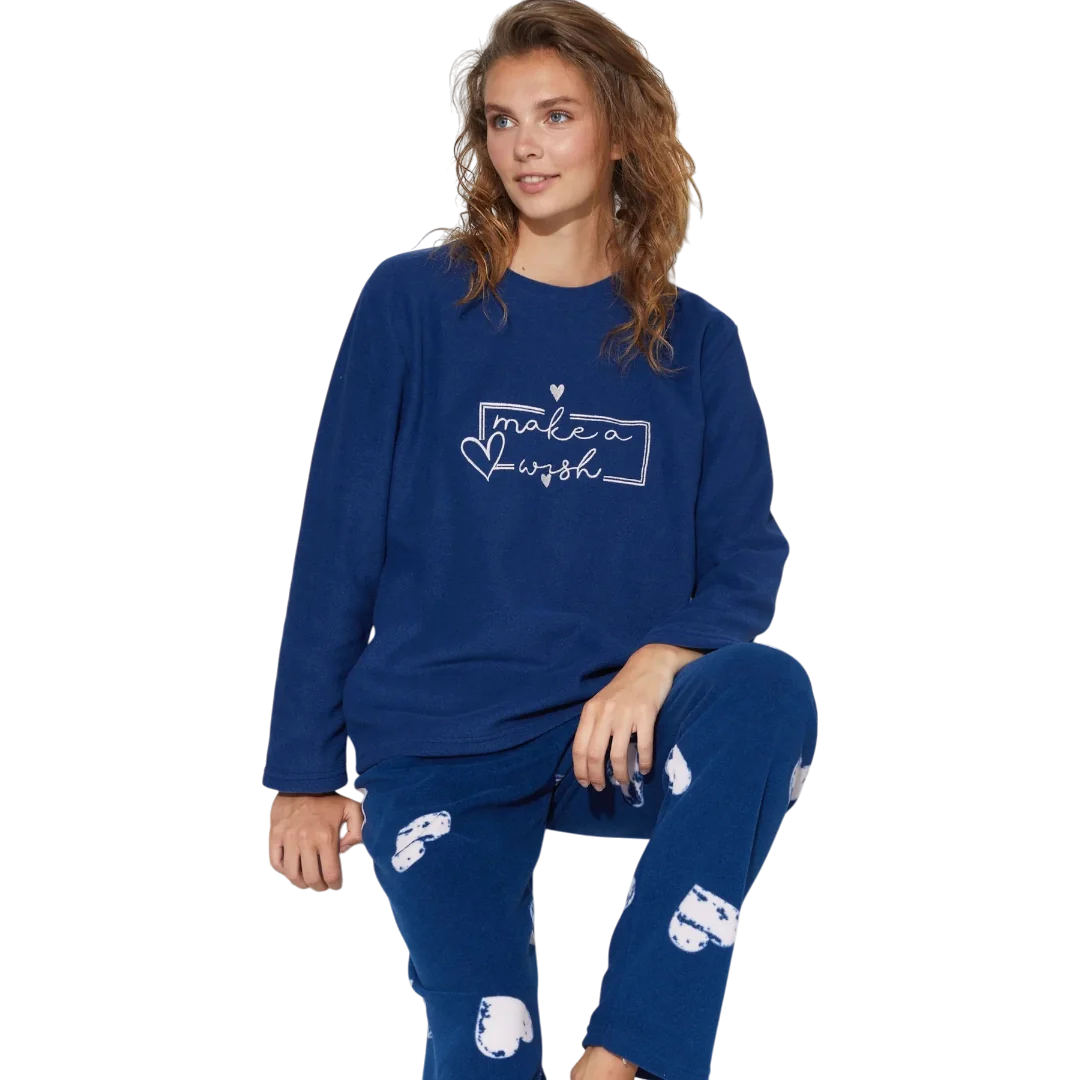 Navy Blue Embroidered Bottom-Top Polar Fleece Pajama Set For Women