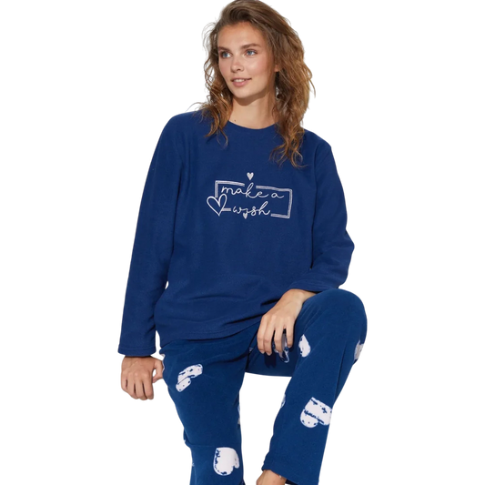 Navy Blue Embroidered Bottom-Top Polar Fleece Pajama Set For Women