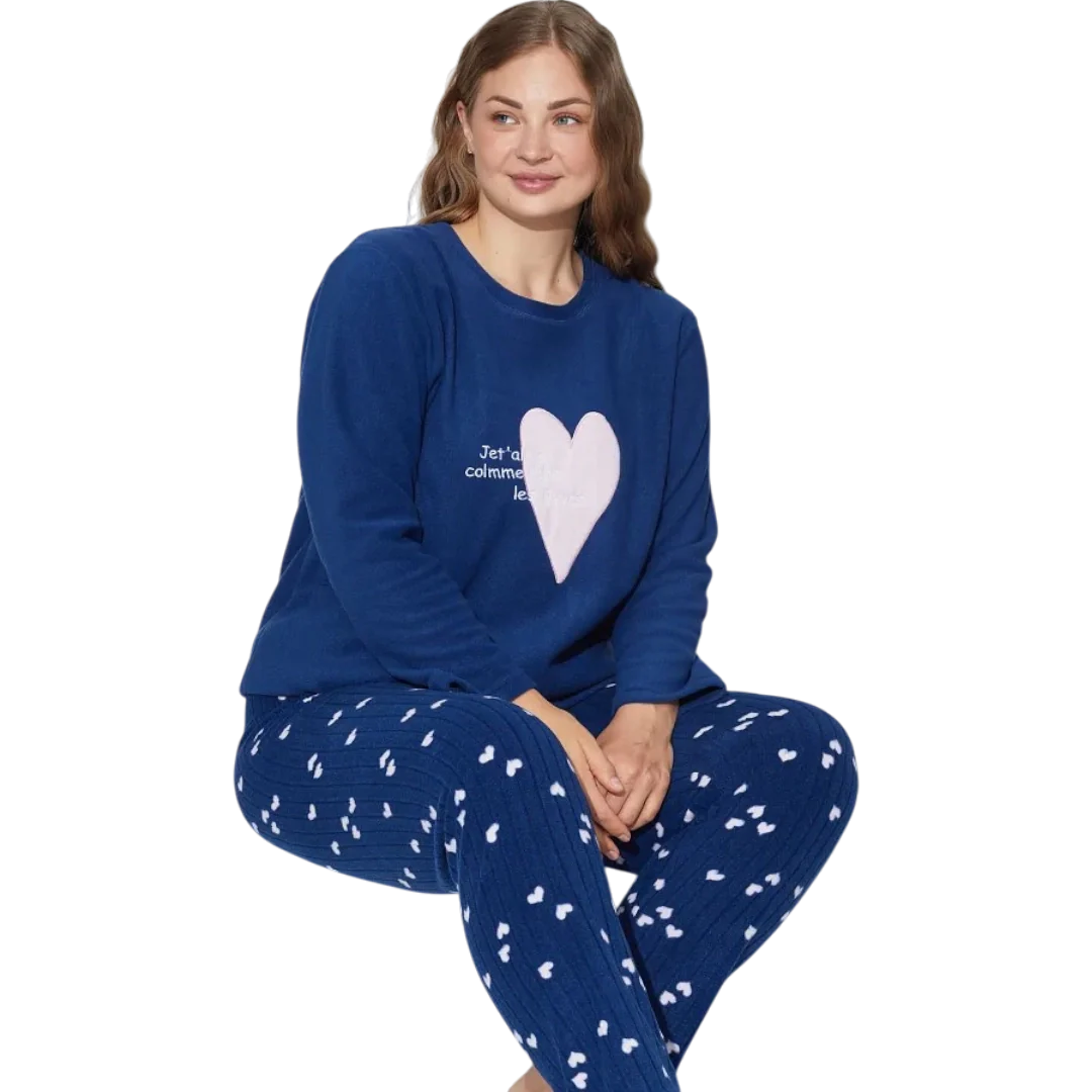 Navy Blue Embroidered Pajama Set For Women