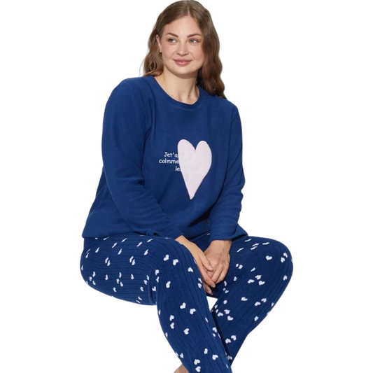 Navy Blue Embroidered Pajama Set For Women