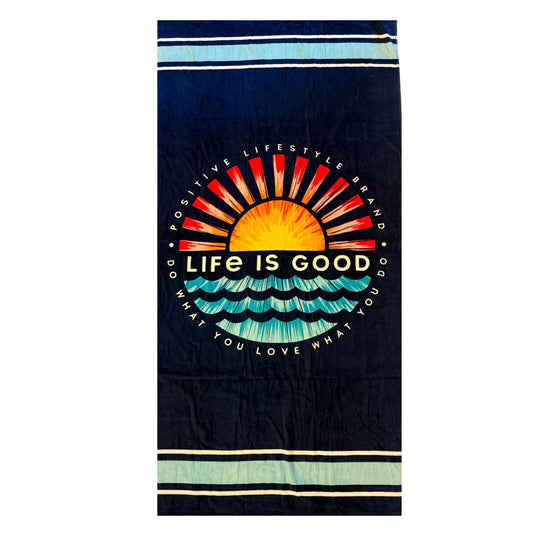 Navy beach towel with colorful 'Life is Good' unisex