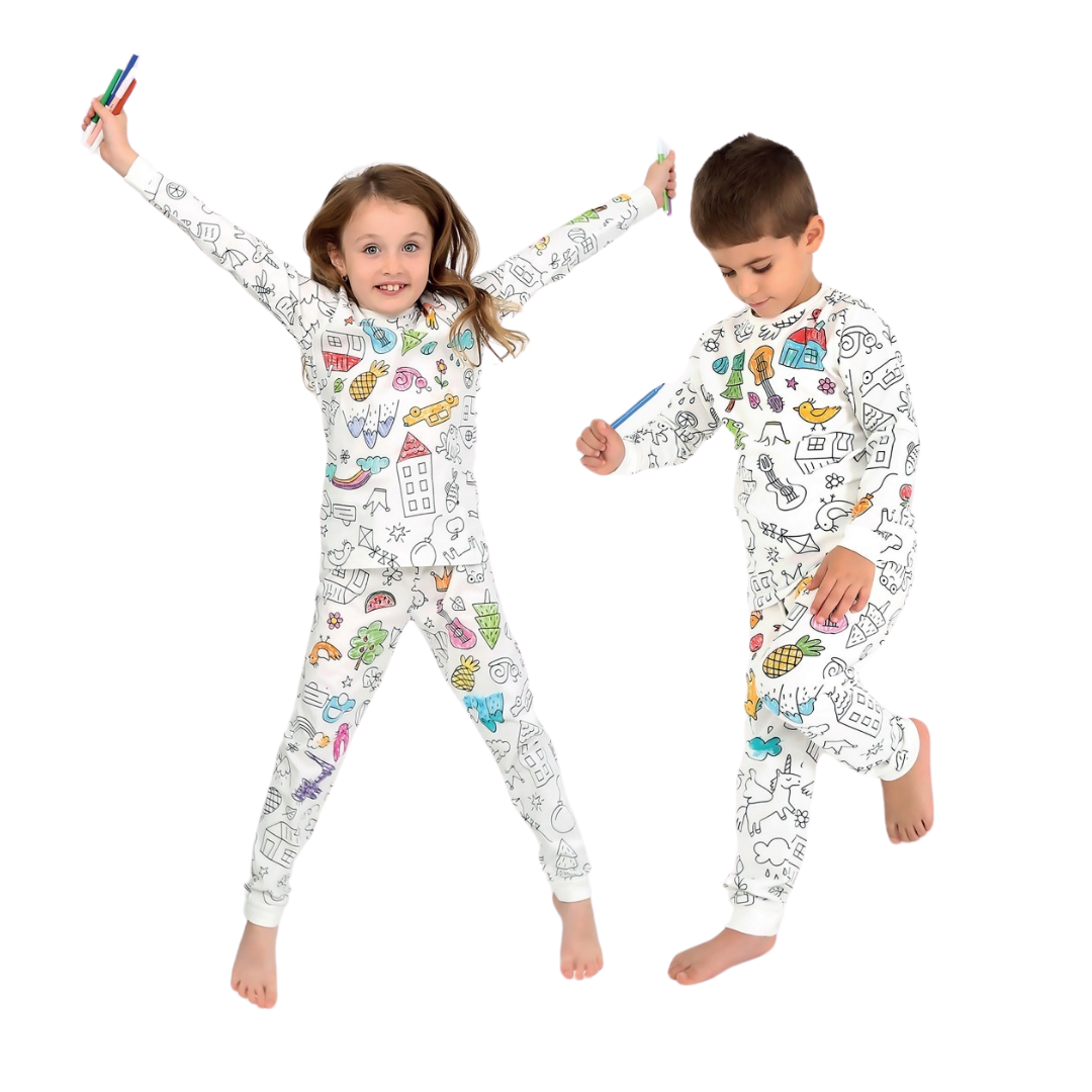 100% cotton coloring pajamas for kids with washable crayons 