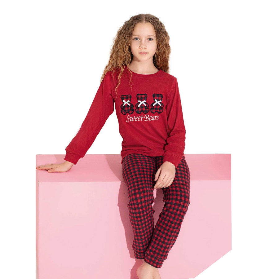 Teddy Bear Red Luxury Soft Thermal Pajamas for Girls (5–15 Years)