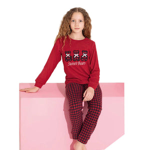 Teddy Bear Red Luxury Soft Thermal Pajamas for Girls (5–15 Years)