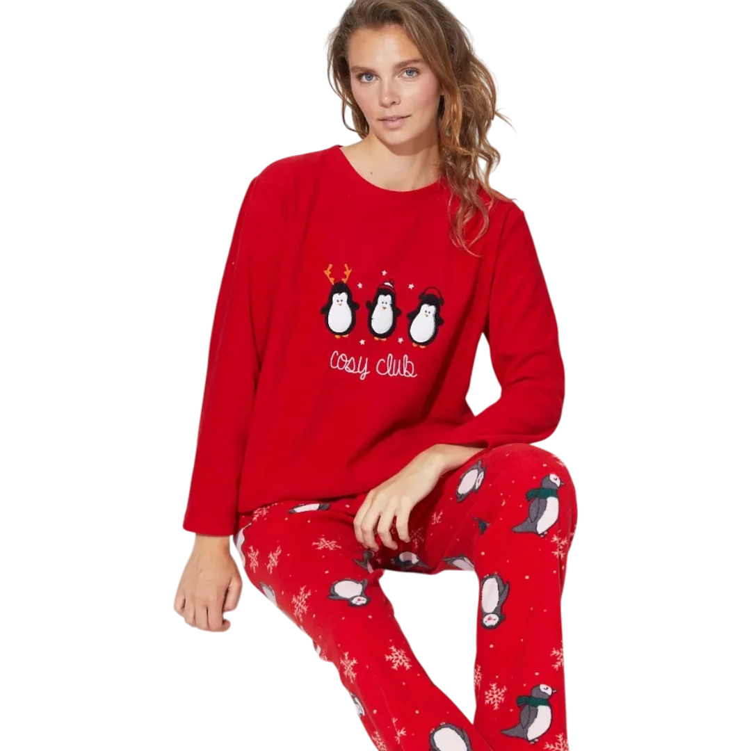 Red Embroidered Lower-Upper Fleece Pajama Set For Women