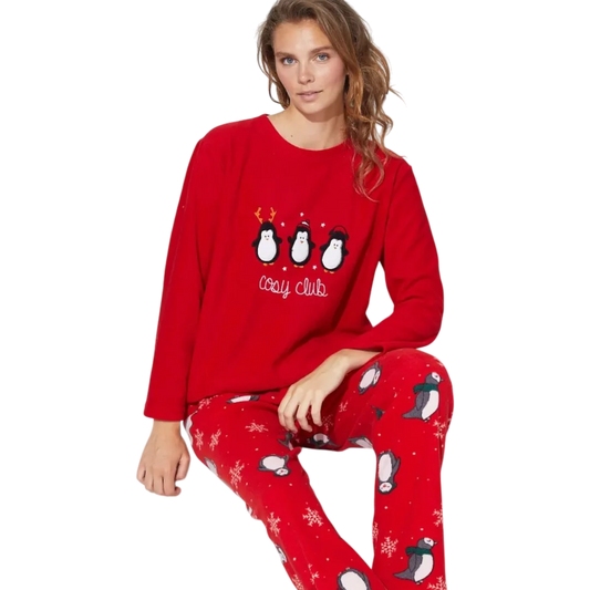 Red Embroidered Lower-Upper Fleece Pajama Set For Women