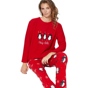 Red Embroidered Lower-Upper Fleece Pajama Set For Women