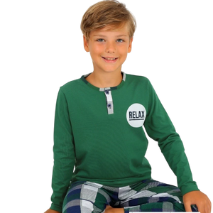 Relax Green Long Sleeve 100% Cotton Pajama Set For Kids