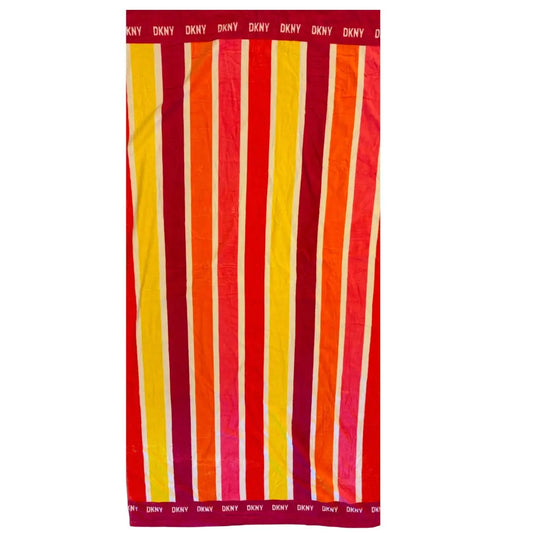 Striped beach towel with red, orange, and yellow stripes 