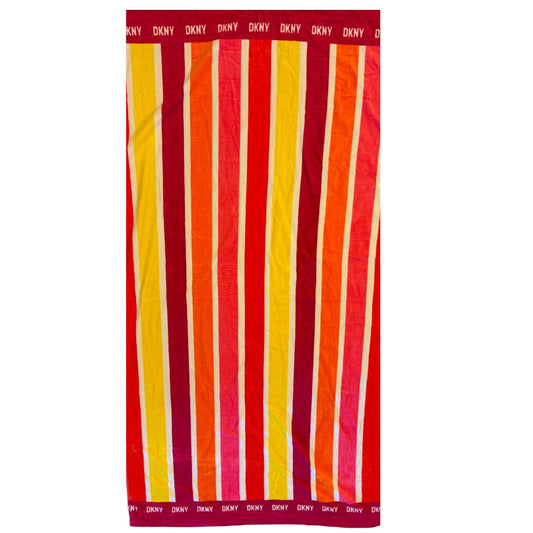 Striped beach towel with red, orange, and yellow stripes 