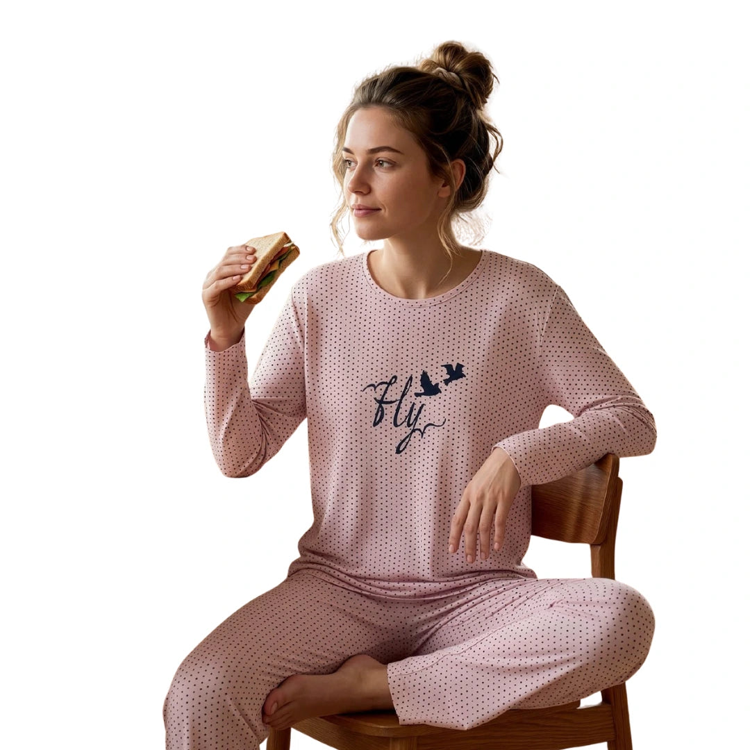 Women's 100% Cotton Pink Printed Pyjama Set – Soft Long Sleeve Sleepwear
