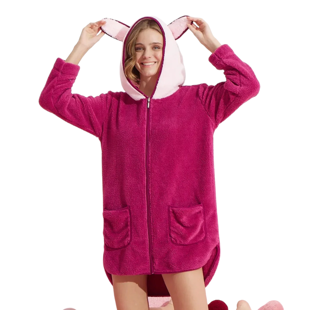 Wellsoft Zippered Hooded Pocket Short Poncho Dressing Gown