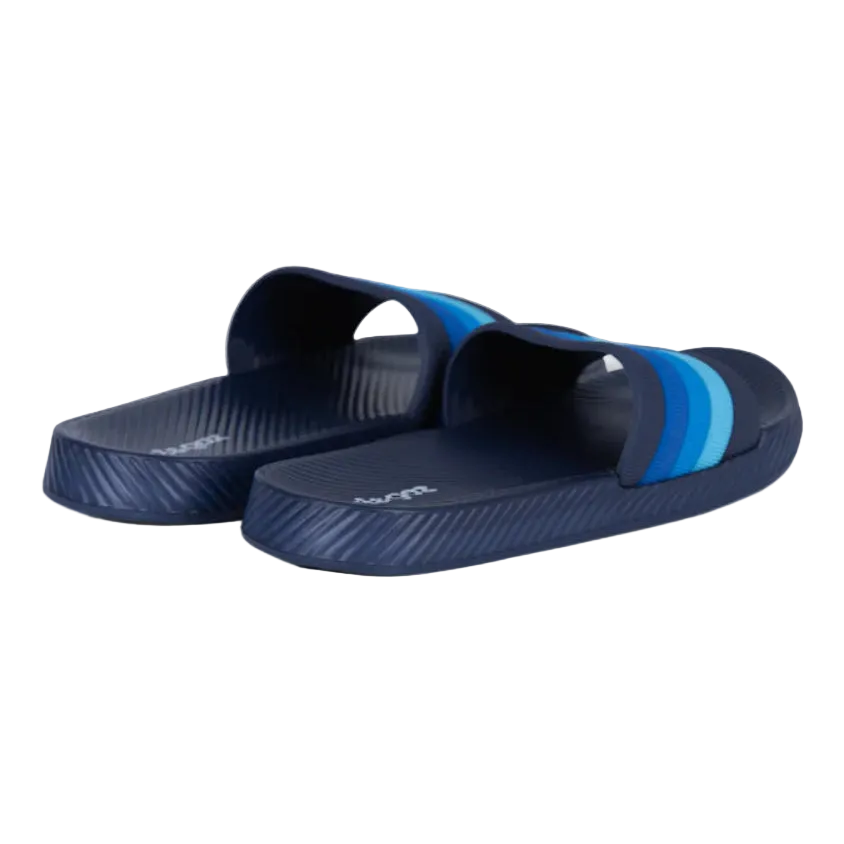 Oil And Gaz lightweight infant boys' navy beach slides with blue striped straps, cushioned footbed, and textured non-slip sole, ideal for beach, pool, and everyday summer wear