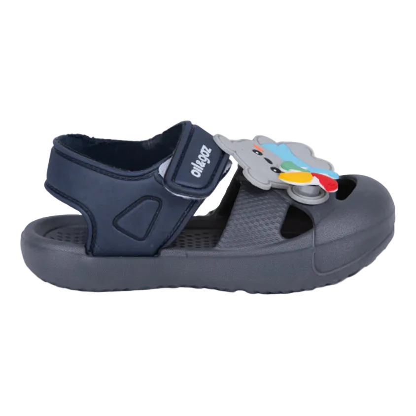 Oil And Gaz kids' grey and navy beach clogs with an adjustable hook-and-loop strap, cute koala decoration, lightweight EVA design, and non-slip sole for summer adventures.