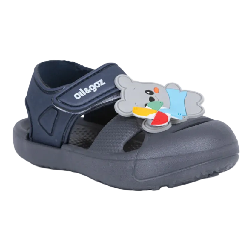 Oil And Gaz kids' grey and navy beach clogs with an adjustable hook-and-loop strap, cute koala decoration, lightweight EVA design, and non-slip sole for summer adventures.