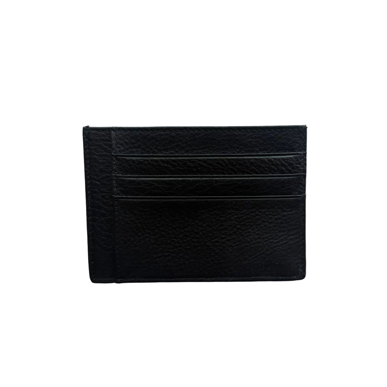 A black textured leather card holder wallet with three horizontal card slots
