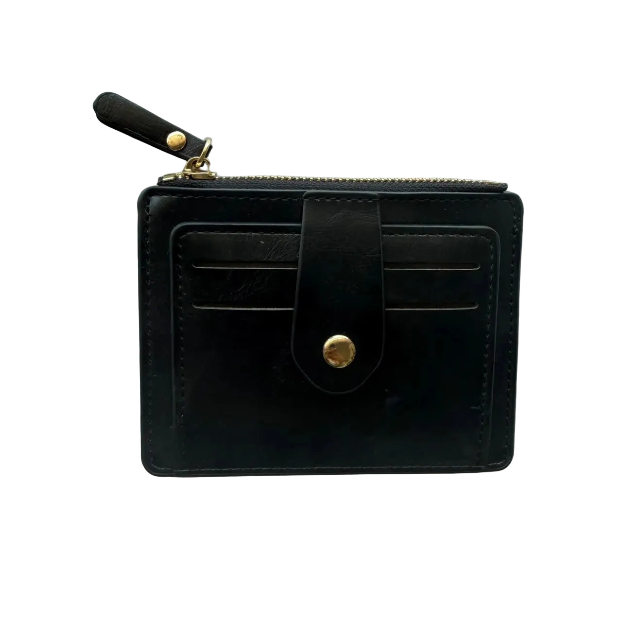 Black leather card holder wallet with a zipper closure, gold-tone snap button, and a small leather pull tab