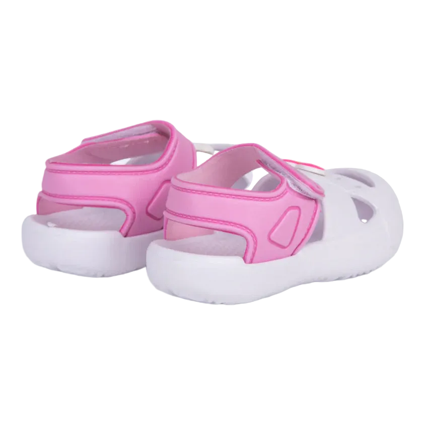 Oil And Gaz infant girls' pink and white beach clogs with an adjustable hook-and-loop strap, colorful decorative charm, lightweight EVA construction, and a non-slip sole for summer play and water activities.