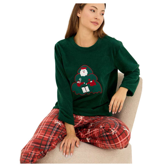 green Christmas themed sweater and red plaid pants 