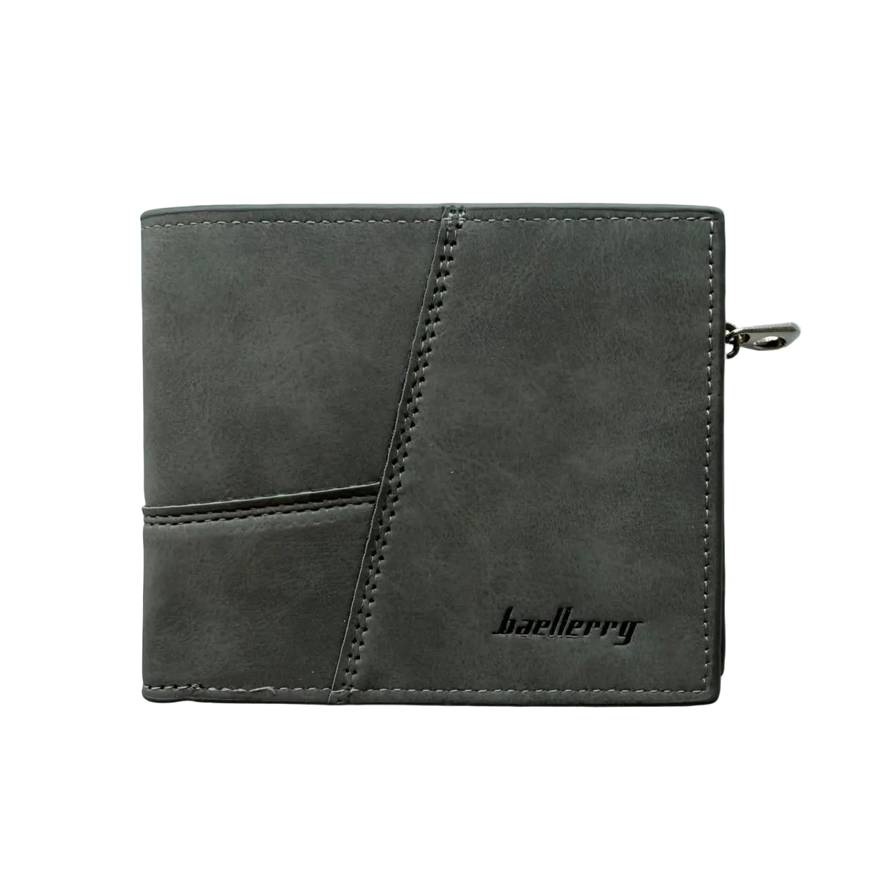 Baellerry grey leather bifold wallet for men with zipper coin pocket and multiple card compartments.