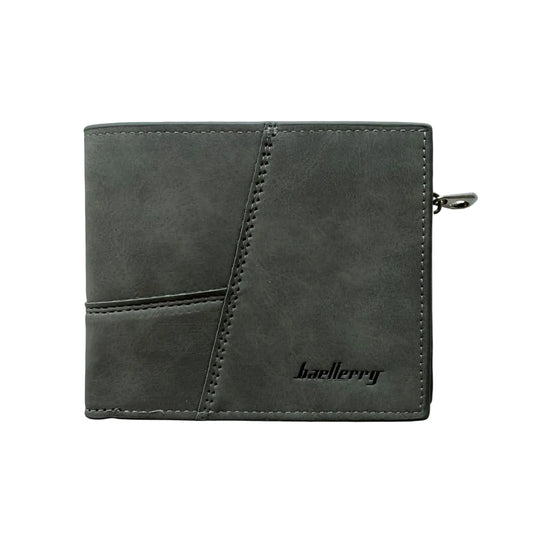 Baellerry grey leather bifold wallet for men with zipper coin pocket and multiple card compartments.