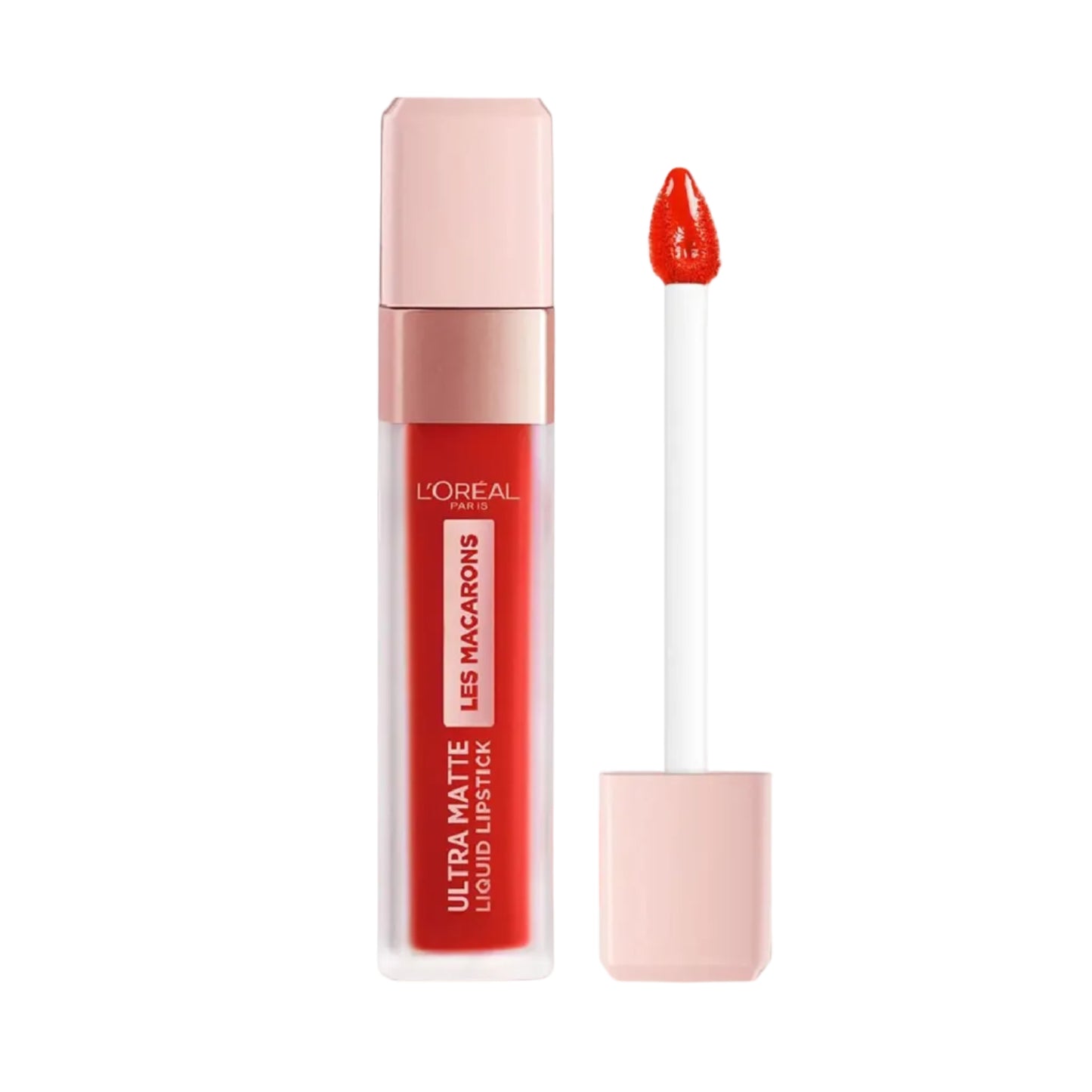 L'Oréal Paris Les Macarons Ultra Matte Liquid Lipstick in a vibrant red shade, shown with its pale pink cap off and the applicator wand standing beside it on a white background.