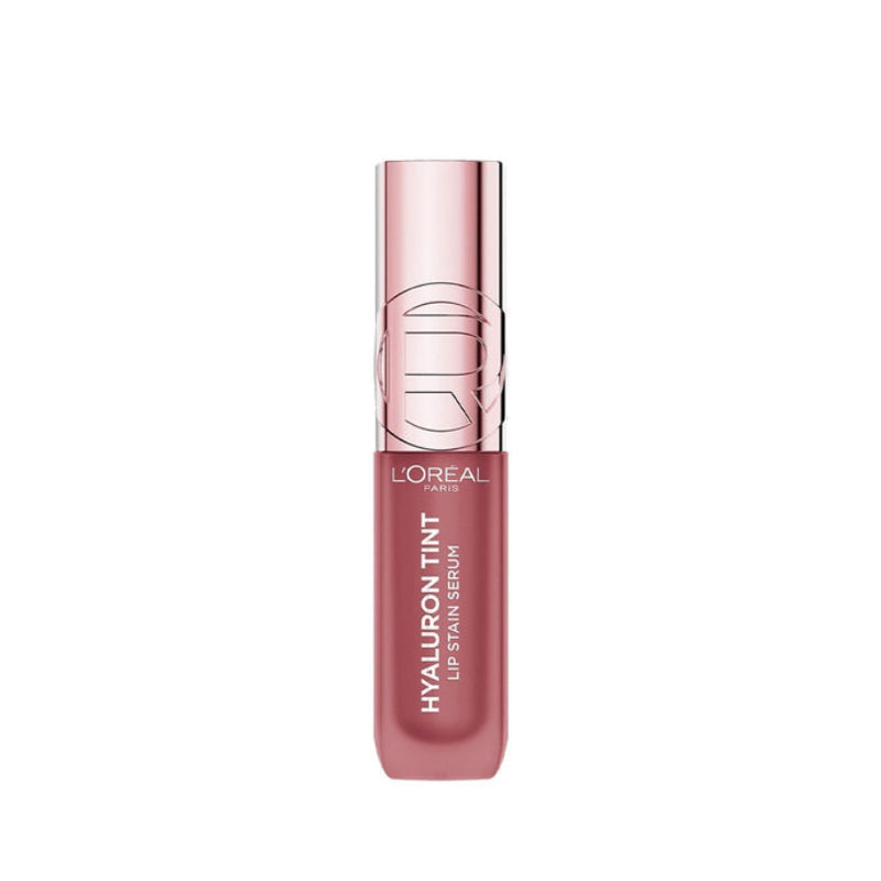 L'Oréal Paris Hyaluron Tint Lip Stain Serum in a rose gold tube with a matching metallic cap, shown against a plain white background.