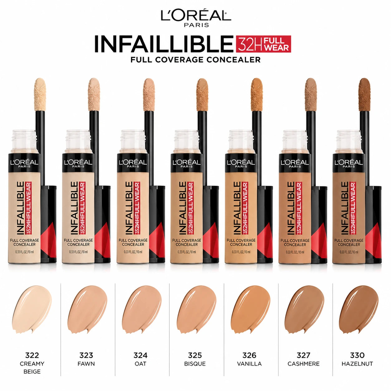 L'Oréal Paris Infallible 32H Full Wear Concealer shades 322 Creamy Beige, 323 Fawn, 324 Oat, 325 Bisque, 326 Vanilla, 327 Cashmere, and 330 Hazelnut with waterproof full coverage formula and shade swatches.