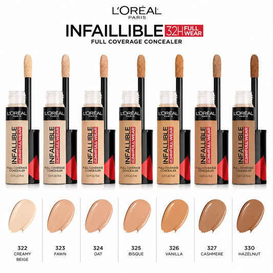 L'Oréal Paris Infallible 32H Full Wear Concealer shades 322 Creamy Beige, 323 Fawn, 324 Oat, 325 Bisque, 326 Vanilla, 327 Cashmere, and 330 Hazelnut with waterproof full coverage formula and shade swatches.