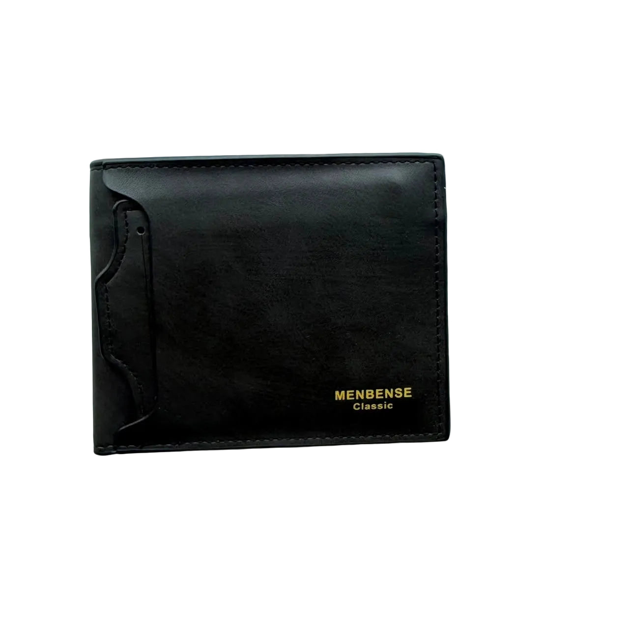 MENBENSE Classic black leather bifold wallet for men featuring a slim design and quick-access exterior card pocket.