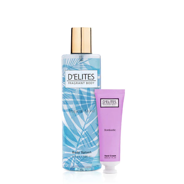 D'Elites body splash and hand cream on a white background