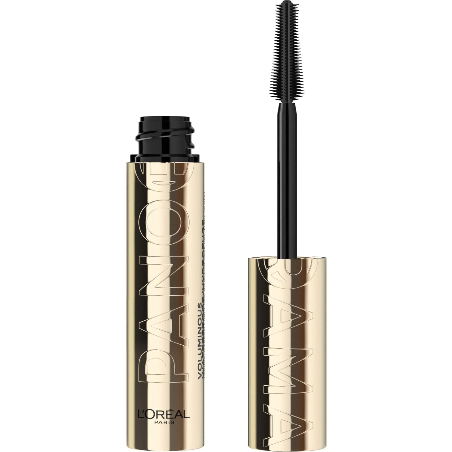 L'Oréal Paris Panorama Voluminous Mascara with gold packaging and precision silicone brush, delivering dramatic volume, length, and panoramic lash definition on a white background.