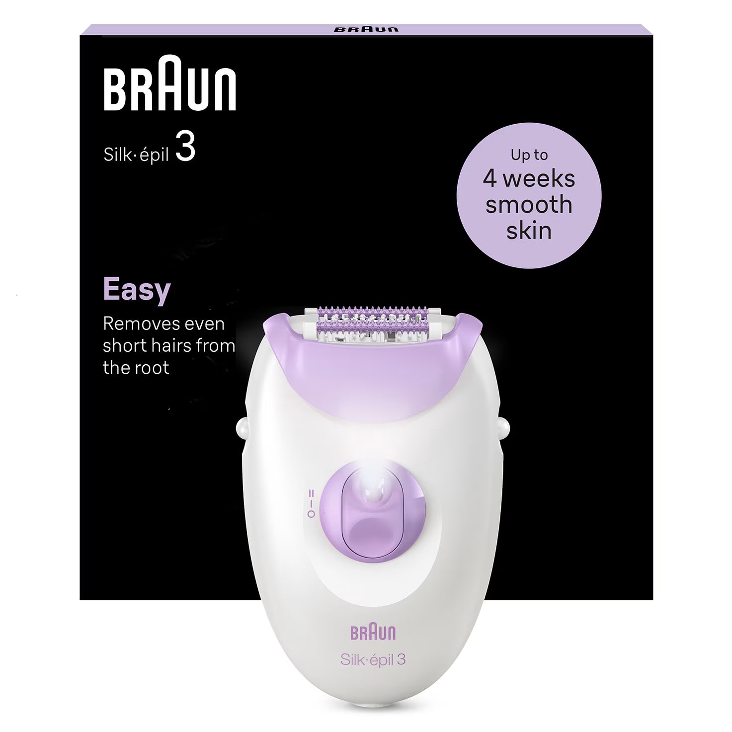 "Braun Silk-épil 3 3-000 corded epilator in white and purple with retail packaging for long-lasting hair removal."