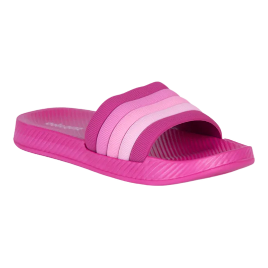 Oil And Gaz lightweight infant girls' pink beach slides with tonal striped straps and a cushioned textured footbed, perfect for the beach, pool, and casual summer wear.