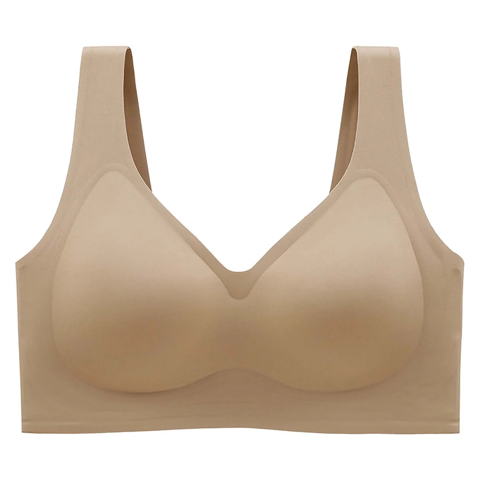 A seamless, wireless bra in a light beige/nude color, shown flat against a solid white background.